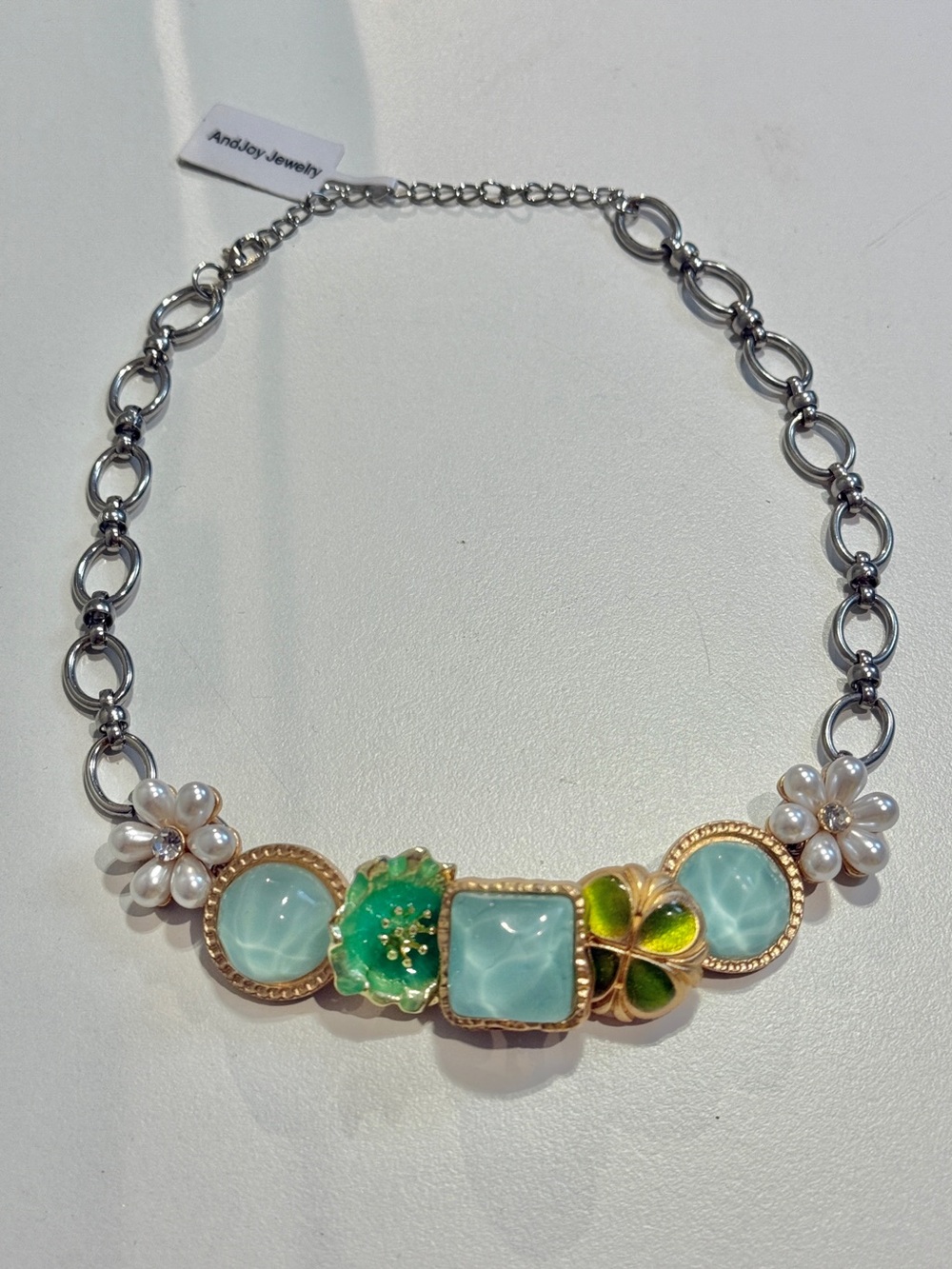 Blue Green Floral Stainless Steel Necklace